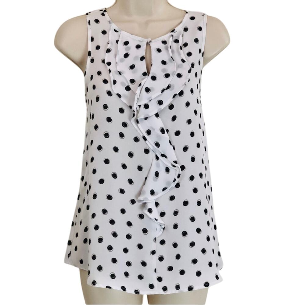 Elle White Black Polka Dot Sleeveless Top Ruffle Front Keyhole Button Closure